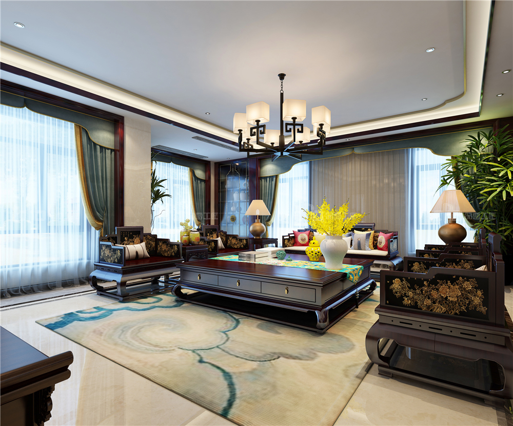 整木定制新中式裝修風格 別墅高清效果圖(圖3) 整木定制客廳